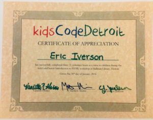 KidsCodeDetroit certificate of appreciation for Eric Iverson.